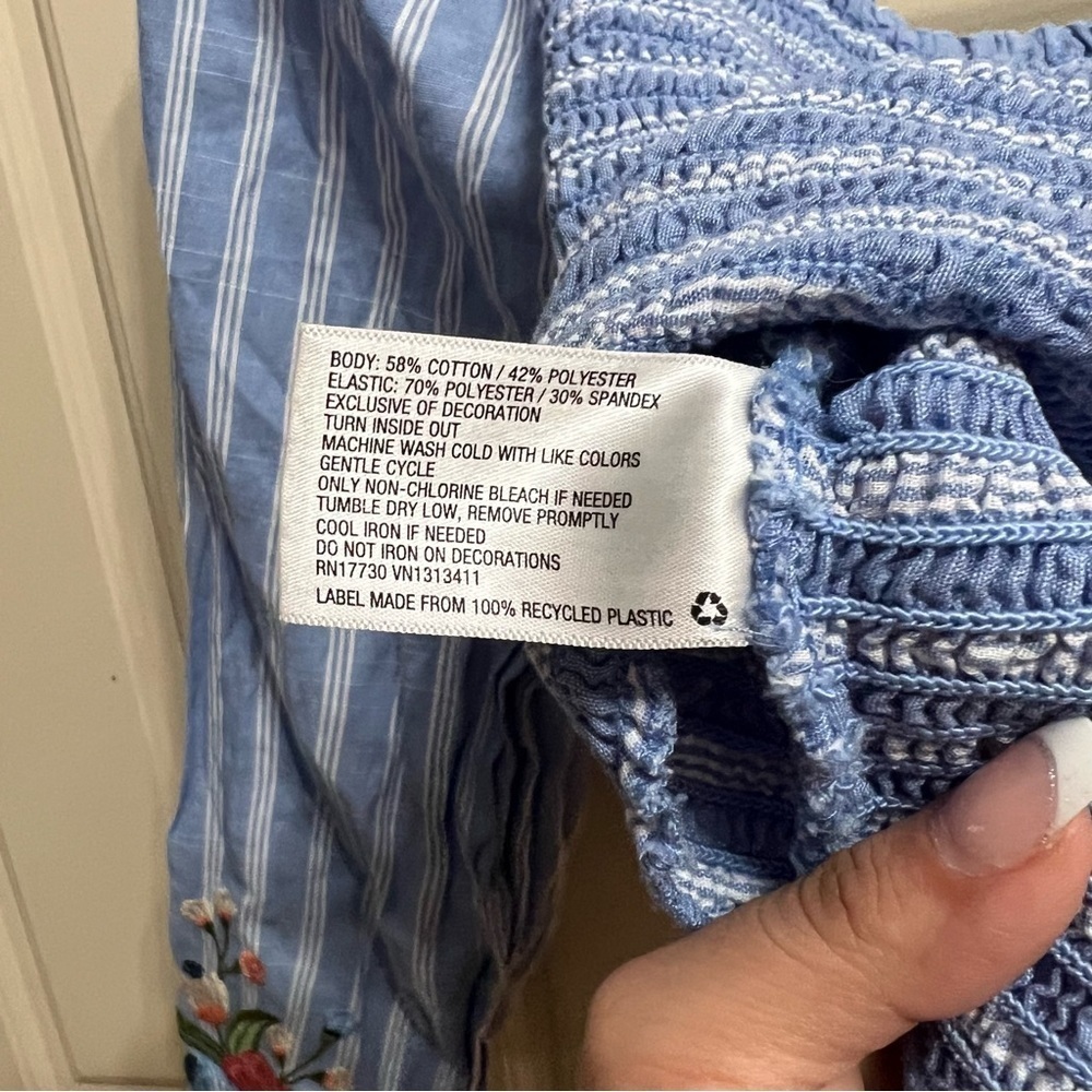 Xhilaration Striped Embroidered Smocked Square Neck Puff Sleeve Crop Top Shirt - Picture 9 of 11